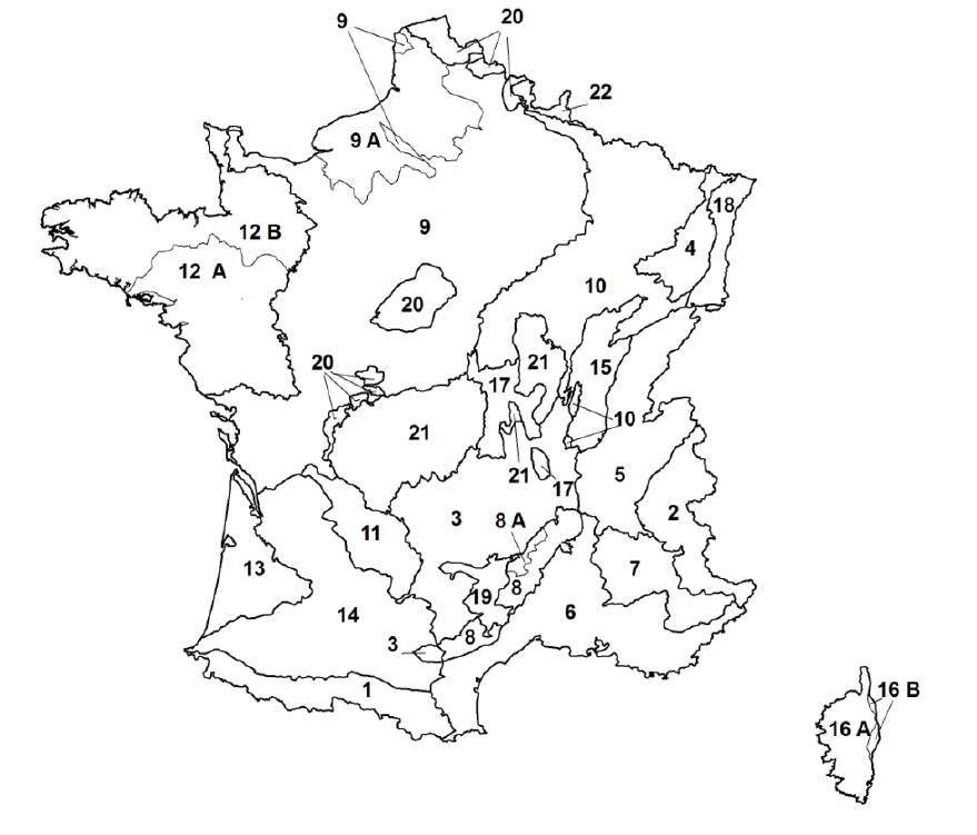Hydroécorégions (HER) de niveau 1 pour la France métropolotaine et HER de niveau 2 regroupées utilisées dans la typologie
