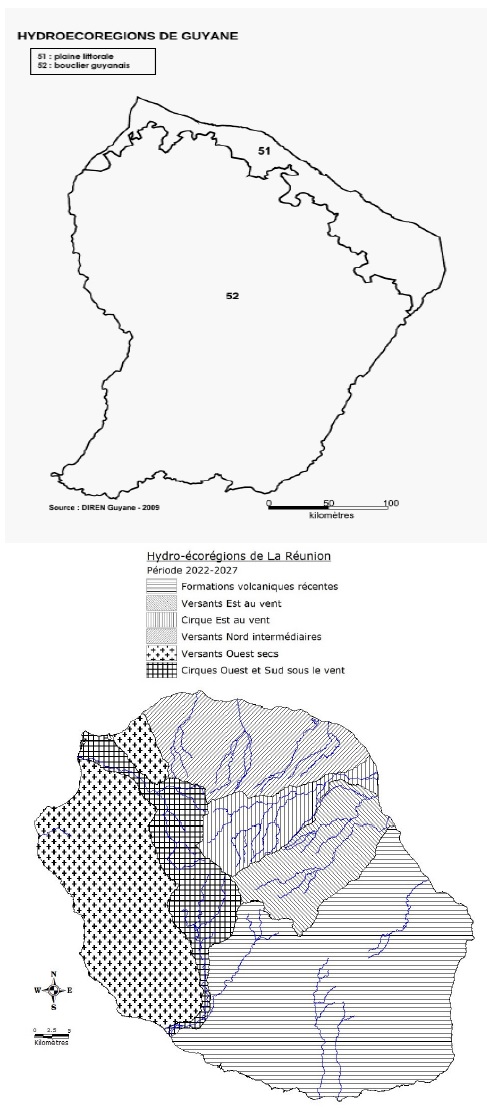 Cartes des hydroécorégions des bassins d'outre-mer (Guyane et Réunion